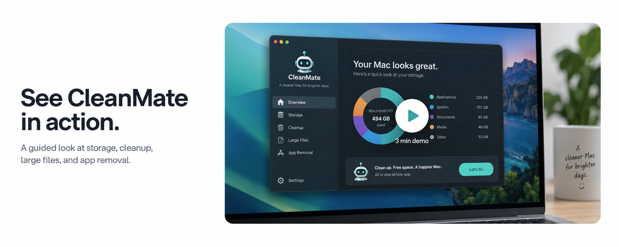 CleanMate video thumbnail showing the app on a Mac