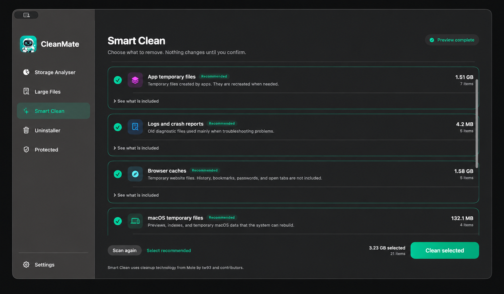 CleanMate Smart Clean preview with selectable cleanup categories