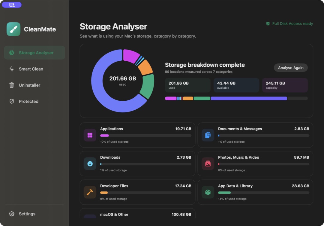 CleanMate Storage Analyser showing a storage breakdown and categories